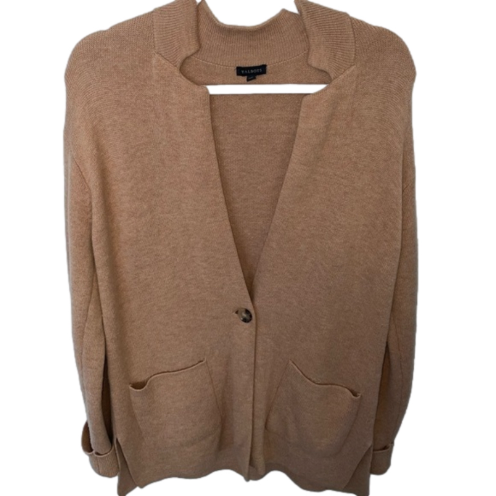 Talbots Lamb Wool Blend W/ Pockets Tan Fall Winter Sweater Cardigan Size M